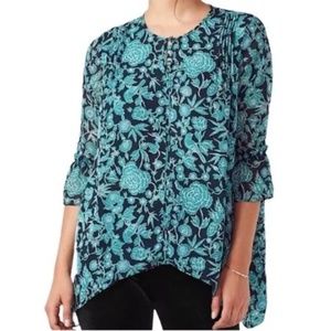LC LAUREN CONRAD Teal Floral Top Asymmetrical Hem Ruffle Sleeve Blouse - Medium